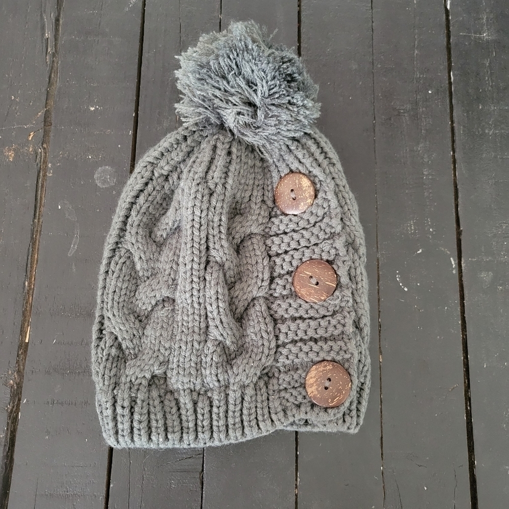 Grey Cable Knit Beanie Pom Pom Brown Wooden Buttons Accessory